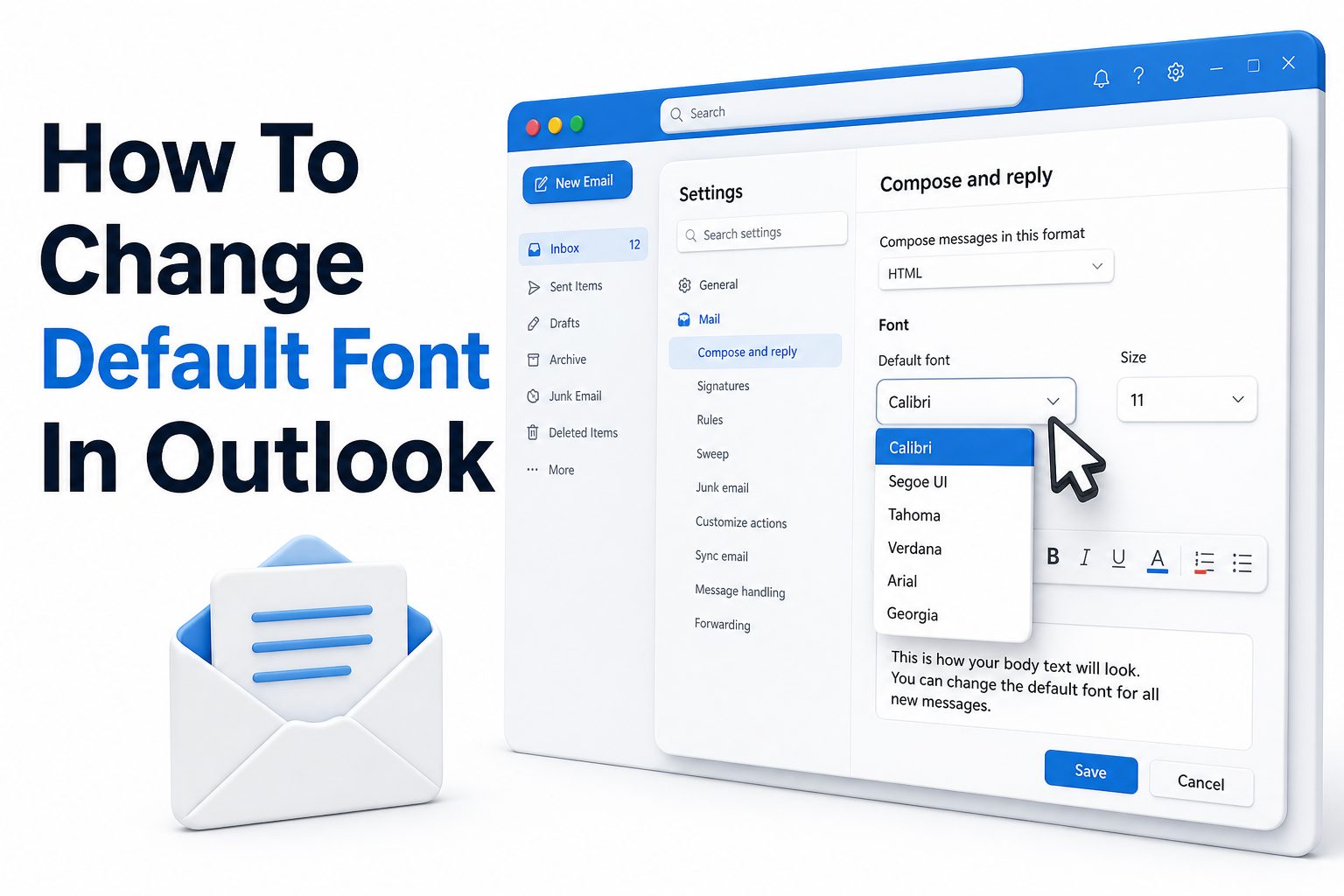 Outlook settings menu for changing the default email font
