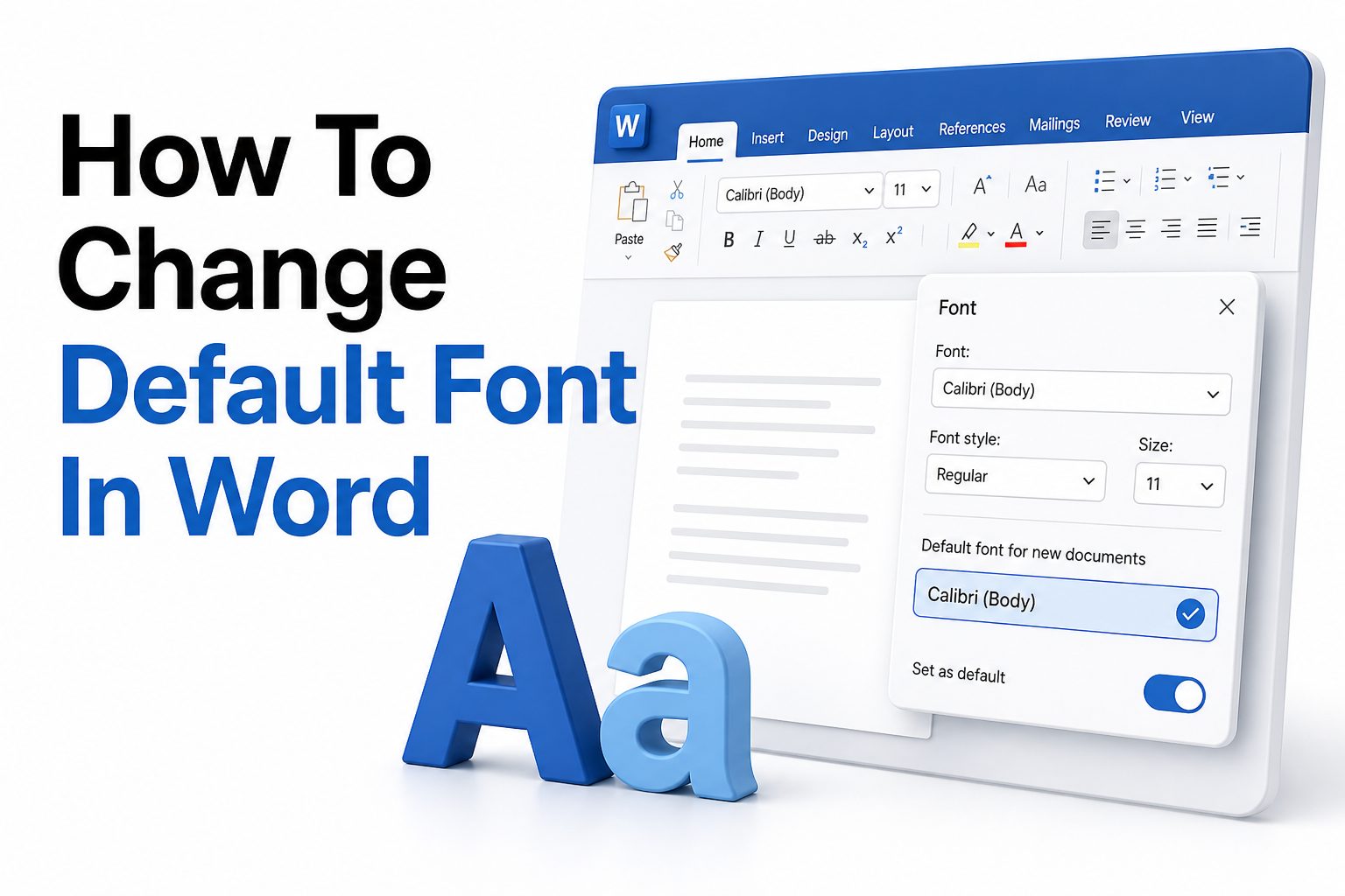 how-to-change-default-font-in-word-e1405 Microsoft Word font settings dialog for changing the default font